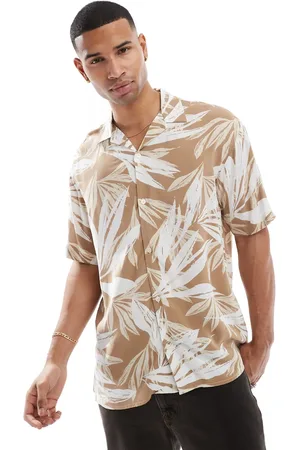 JACK & JONES Camisa beis de manga corta con estampado tropical y cuello de solapas de -Neutro