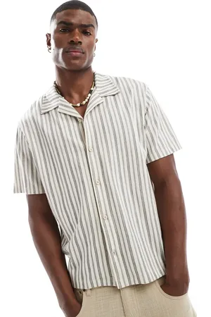 JACK & JONES Camisa color crema a rayas azul marino con cuello de solapas de Premium