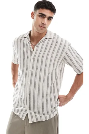 JACK & JONES Camisa color crema a rayas de manga corta con cuello de solapas de tejido texturizado de -Blanco