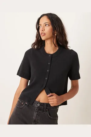 Abercrombie & Fitch Cárdigan abotonado con cuello redondo de manga corta de punto de