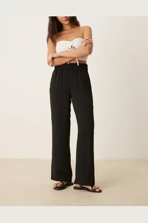 JDY Pantalones negros de pernera ancha con cinturilla paperbag de tejido efecto lino de