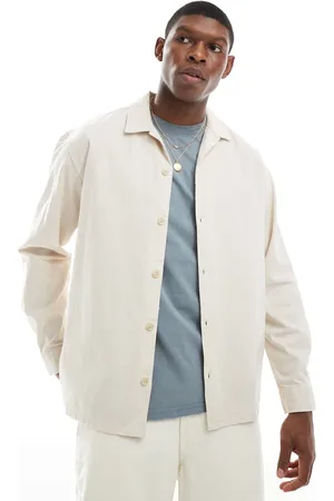 JACK & JONES Sobrecamisa beis con cuello de solapas de mezcla de lino de -Neutro