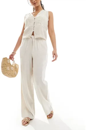 ONLY Pantalones beis sin cierres de mezcla de lino de -Neutro
