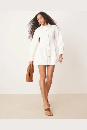 ASOS Vestido camisero vaquero color con mangas cocoon y cintura entallada de -Blanco