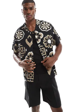 JACK & JONES Camisa negra de manga corta con patrón geométrico y cuello de solapas de -Negro