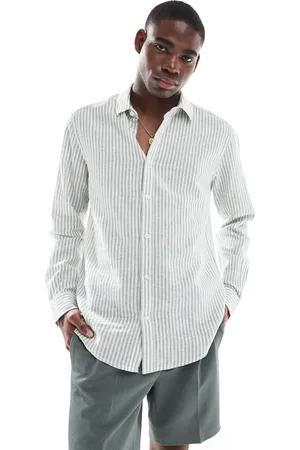 Only & Sons Camisa verde salvia a rayas de manga larga de mezcla de lino de