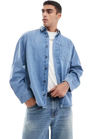 JACK & JONES Camisa vaquera azul extragrande con lavado envejecido de tejido grueso de