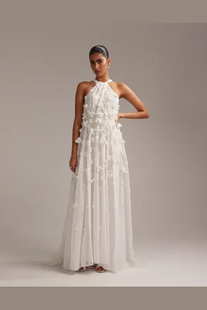 ASOS Vestido de novia largo color llamativo con diseño floral tridimensional y cuello halter de -Blanco