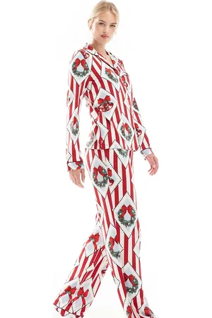 Chelsea Peers Pijama con estampado vintage navideño de pantalones y top de manga larga con cuello de solapas de poliéster de