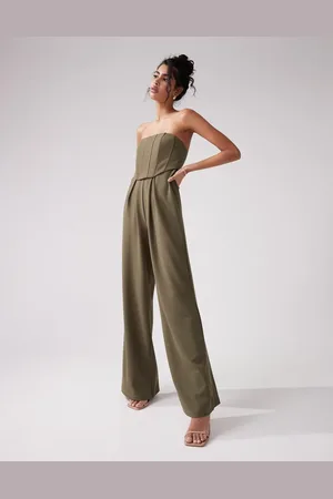 ASOS Mono largo de pernera ancha con detalle de corsé y escote palabra de honor de -Verde