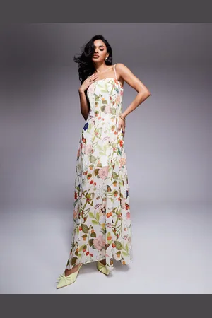 Forever New Vestido largo de tirantes con estampado botánico de tejido transparente de -Blanco