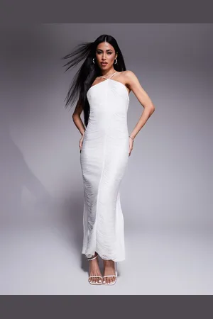 Forever New Vestido de novia semilargo color con diseño drapeado de flecos de -Blanco