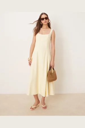 Forever New Vestido semilargo amarillo limón con pespuntes en contraste de lino de