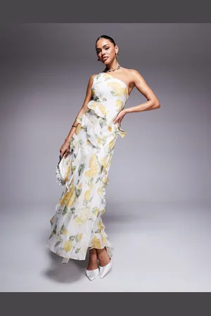 Forever New Vestido largo amarillo asimétrico con estampado floral y volantes de