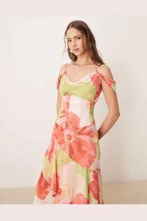 Forever New Vestido largo con estampado floral rojo extragrande con detalle de corsé extraíble de