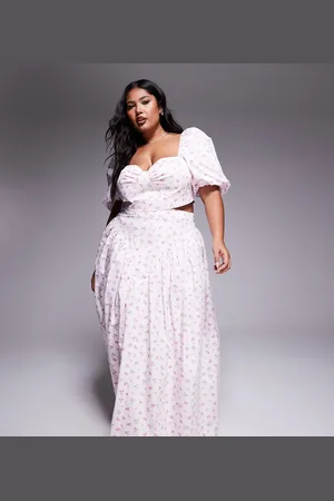 ASOS Falda larga con estampado floral y lazo en la espalda de algodón satinado de Curve (parte de un conjunto)-Multicolor