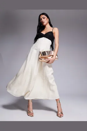 Forever New Vestido semilargo negro y crema con diseño en contraste de lino de