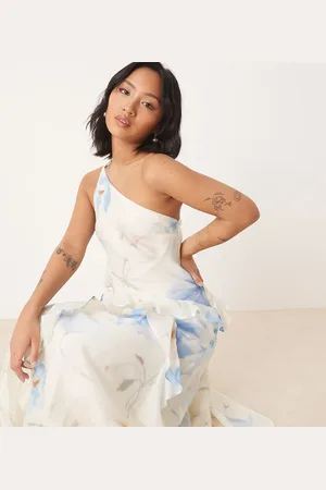 Forever New Vestido largo azul asimétrico con volantes de