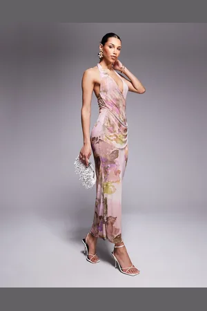 ASOS Vestido midi en tonos pastel con , cuello halter y detalle de fajín drapeado de malla de -Multicolor