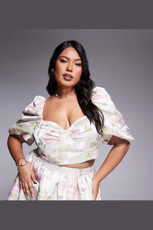 ASOS Top con estampado de tulipanes y mangas abullonadas de jacquard de Curve (parte de un conjunto)-Multicolor