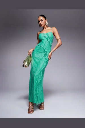 Forever New Vestido largo verde luminoso con volantes de encaje de