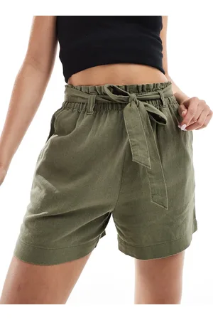JDY Pantalones cortos caquis con lazada en la cintura de mezcla de lino de (parte de un conjunto)-Verde