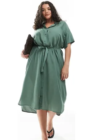 VERO MODA Vestido camisero midi verde con cinturón de