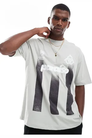 ASOS Camiseta a rayas gris claro extragrande con estampado gráfico deportivo de