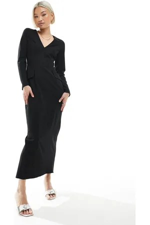 ASOS Vestido midi de manga larga con cuello de pico y detalle de costura de