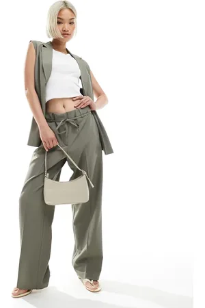 ONLY Pantalones de sastre gris salvia de pernera recta con detalle de cordón de (parte de un conjunto)-Verde
