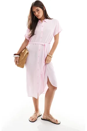 VERO MODA Vestido camisero midi rosa con cinturón anudado de