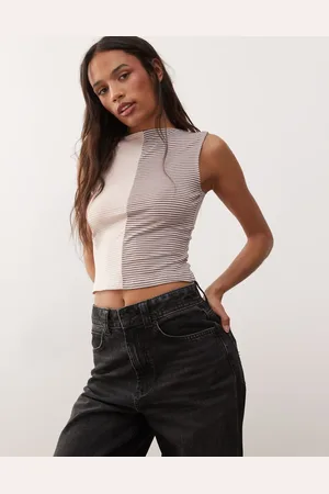 Reclaimed Camiseta marrón sin mangas con diseño a rayas variadas de