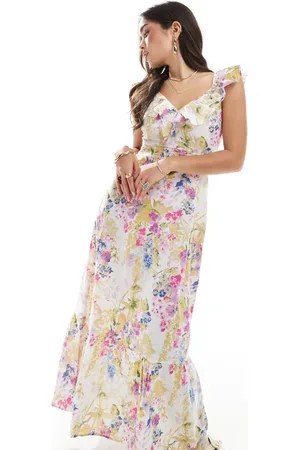 VERO MODA Vestido largo multicolor con estampado y detalle de volante de -Blanco