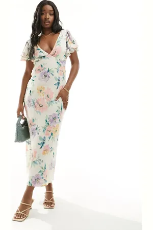 Abercrombie & Fitch Vestido largo blanco con estampado floral y mangas de volantes de