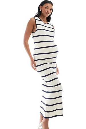 VERO MODA Vestido semilargo color crema a rayas azul marino de punto liso de