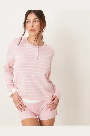 ASOS Top de pijama a rayas con cuello panadero y coletero abullonado Mix & Match de -Rosa