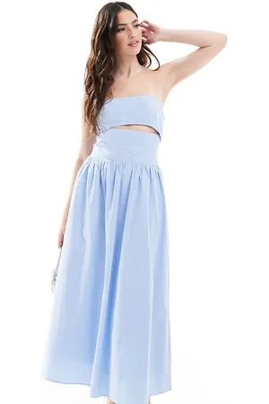 The Frolic Vestido largo con escote palabra de honor, abertura y detalle de lazada en la espalda de popelina exclusivo de