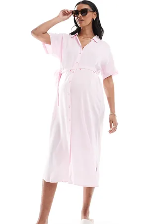 VERO MODA Vestido camisero midi rosa con cinturón anudado de