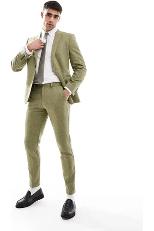 ASOS Pantalones de traje color de corte pitillo con textura de tejido panamá de mezcla de lana de -Verde