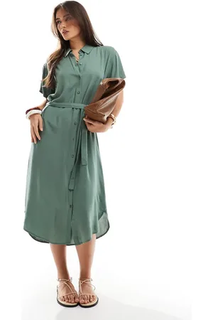 VERO MODA Vestido camisero midi verde con cinturón de