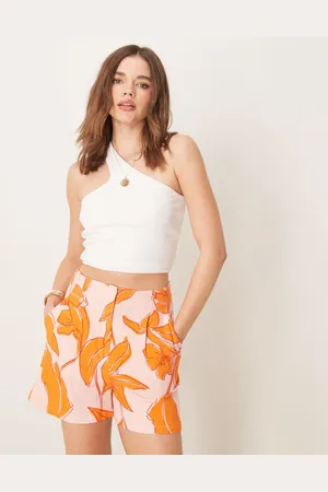 ASOS Pantalones cortos de sastre de talle alto con y detalle de costuras de mezcla de lino de (parte de un conjunto)-Multicolor