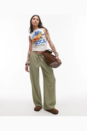 Topshop Pantalones verdes a rayas de pernera ancha y talle bajo con lazada en la cintura de tejido efecto rugoso de