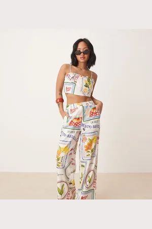 Forever New Pantalones con estampado de postales de lino de (parte de un conjunto)-Blanco