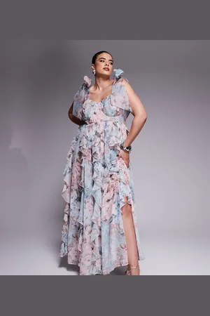 ASOS Vestido largo con estampado floral, volantes efecto cascada y tirantes anudados de Curve