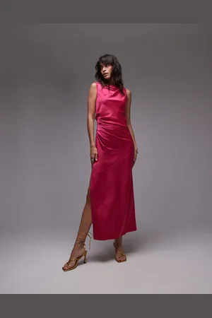 Topshop Vestido midi con detalle anudado en el hombro y pliegues en la cintura de satén de -Sin color