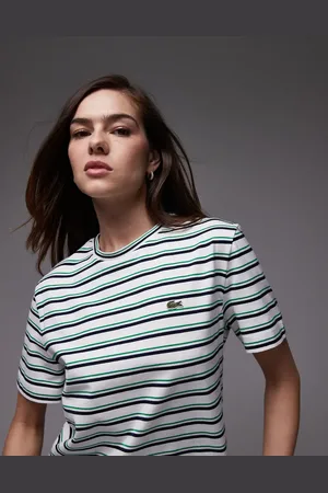 Lacoste Camiseta blanca a rayas verdes y negras horizontales de corte extragrande de
