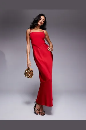 Forever New Vestido largo rojo estilo corsé con escote cuadrado de