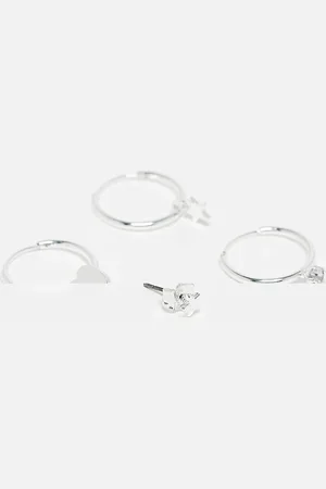 Monki Pack de 4 pendientes plateados con diseño de estrella y corazón Mix and Match de