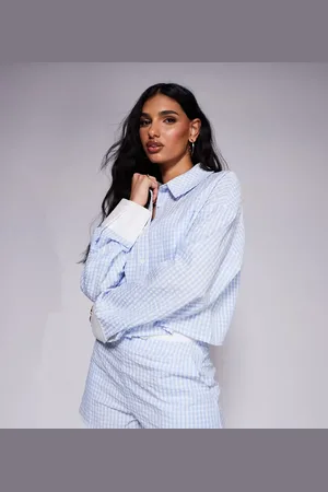 Kaiia Camisa corta azul a cuadros vichy con botones delanteros y puños en contraste de sirsaca exclusiva de (parte de un conjunto)
