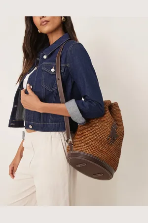 Ralph Lauren Bolso bombonera marrón oscuro con logo de jugador en contraste de rafia de